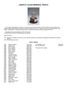 JOSEPH P. GLAAB MEMORIAL TROPHY  The Joseph P. Glaab Memorial Trophy is a Victorian silver-plate vessel donated to the NRA in1983 by David and Ellen Ross. Joseph P. Glaab established and coached the Hanover Township Juni