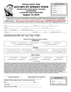 OFFICIAL ENTRY FORM  OFFICIAL USE ONLY 2016 NPC KY OPEN/KY STATE