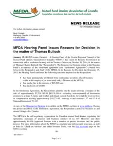 News release - MFDA Hearing Panel issues Reasons for Decision in the matter of Thomas Bulloch