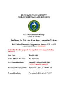 PROGRAM ANNOUNCEMENT TO DOE NATIONAL LABORATORIES U. S. Department of Energy Office of Science