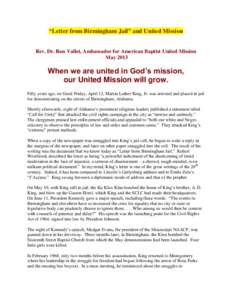 “Letter from Birmingham Jail” and United Mission  Rev. Dr. Ron Vallet, Ambassador for American Baptist United Mission MayWhen we are united in God’s mission,