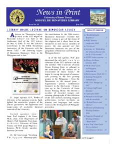 News in Print University of Santo Tomas MIGUEL DE BENAVIDES LIBRARY Issue No. 93