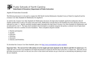 Algebra II Curriculum Crosswalk The following document is to be used to compare the 2003 North Carolina Mathematics Standard Course of Study for Algebra II and the Common Core State Standards for Mathematics for Algebra 