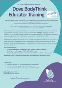 The Butterfly Foundation presents  Dove BodyThink Educator Training Australia’s largest Annual Youth Survey in 2012, again found Body Image to be a top 3 major personal concern for young males and females.