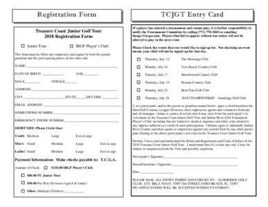 Registration Form  TCJGT Entry Card Treasure Coast Junior Golf Tour 2018 Registration Form