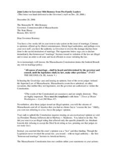 Joint letter to Governor Mitt Romney from American Pro-Family Leaders