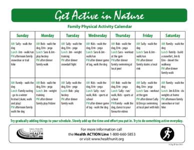 Get Active in Nature Family Physical Activity Calendar Sunday  Monday