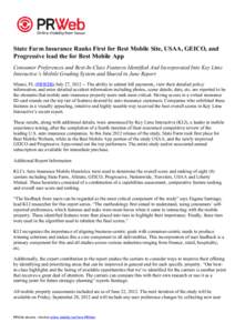 State Farm Insurance Ranks First for Best Mobile Site, USAA, GEICO, and Progressive lead the for Best Mobile App Consumer Preferences and Best-In-Class Features Identified And Incorporated Into Key Lime Interactive’s M