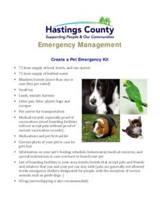 Emergency Management Create a Pet Emergency Kit  72 hour supply of food, bowls, and can opener  72 hour supply of bottled water   Blankets/towels (more than one in