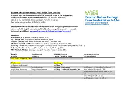 Recorded Gaelic names for Scottish fern species Names in bold are those recommended for ‘standard’ usage by the independent committee on Gaelic fern nomenclatureN) means a new name, coined by the committee.
