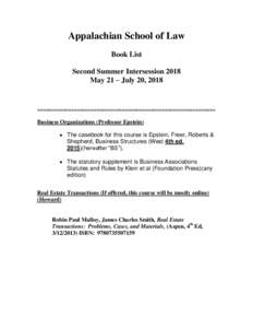 Appalachian School of Law Book List Second Summer Intersession 2018 May 21 – July 20, 2018  ===============================================================