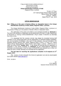 F.No.AUIDAI/LKO/Vol.V Government of India Planning Commission Unique Identification Authority of India Regional Office, Lucknow TC/46-V, 3rd Floor
