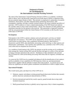 24-­‐Dec-­‐2014	
   	
   Statement of Intent for Participation in the International Asteroid Warning Network