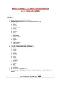 Media Coverage: CTBT Ratification by Indonesia (as of 9 December 2011): Content: 1. United Nations statements and reports[removed]National statements and reports on international reactions[removed]a. Australia