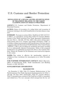 U.S. Customs and Border Protection ◆ REVOCATION OF A RULING LETTER AND REVOCATION OF TREATMENT RELATING TO THE TARIFF CLASSIFICATION OF TOBACCO WRAPPERS