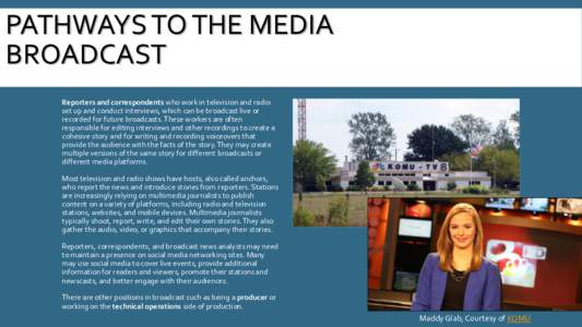 PATHWAYS TO THE MEDIA BROADCAST Reporters and correspondents who work in television and radio set up and conduct interviews, which can be broadcast live or recorded for future broadcasts. These workers are often responsi