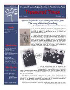 www.jgsh.org  The Jewish Genealogical Society of Hamilton and Area Treasured Times Vol. 3 Issue 4