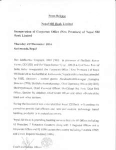 Press Release  Nepal SBI Bank Limited Inauguration of Corporate office (New Premises) of Nepal SBI Bank Limited