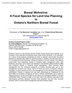The Wolverine Foundation - Research, Ontario Boreal Wo...  http://www.wolverinefoundation.org/research/ontario.htm Boreal Wolverine: A Focal Species for Land Use Planning