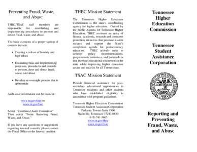 Preventing Fraud, Waste, and Abuse THEC/TSAC staff members are