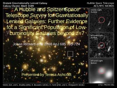 A Hubble and Spitzer Space Telescope Survey for Gravitationally Lensed Galaxies: Further Evidence for a Significant Population of LowLuminosity Galaxies beyond z=7 Johan Richard et al 2008 ApJ
