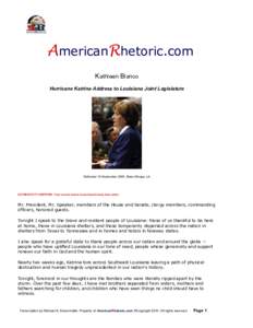 AmericanRhetoric.com  Kathleen Blanco  Hurricane Katrina Address to Louisiana Joint Legislature  Delivered 14 September 2005, Baton Rouge, LA 