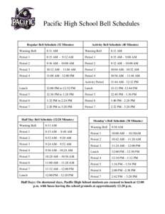 Pacific High School Bell Schedules Regular Bell Schedule (52 Minutes) Activity Bell Schedule (48 Minutes)  Warning Bell
