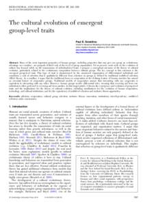 BEHAVIORAL AND BRAIN SCIENCES, 243–295 doi:S0140525X13001544 The cultural evolution of emergent group-level traits Paul E. Smaldino