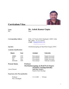 Curriculum Vitae Name Sex Dr. Ashok Kumar Gupta