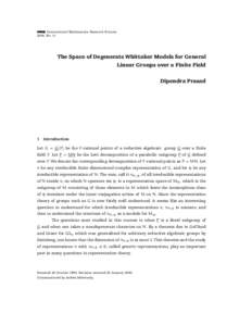 IMRN International Mathematics Research Notices 2000, No. 11 The Space of Degenerate Whittaker Models for General Linear Groups over a Finite Field Dipendra Prasad
