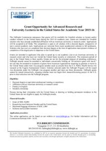 Grant announcement  Please post Grant Opportunity for Advanced Research and University Lectures in the United States for Academic Year[removed]