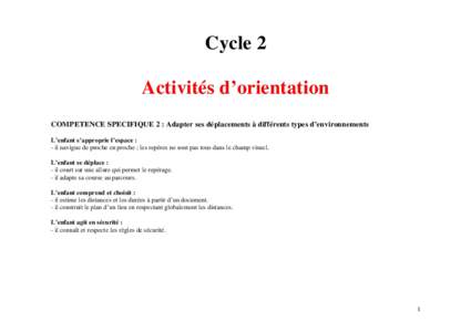 Cycle 2 Activités d’orientation COMPETENCE SPECIFIQUE 2 : Adapter ses déplacements à différents types d’environnements L’enfant s’approprie l’espace : - il navigue de proche en proche ; les repères ne sont