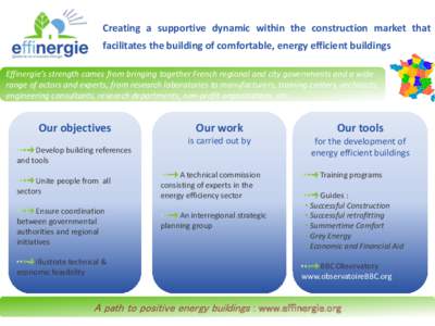 Creating a supportive dynamic within the construction market that facilitates the building of comfortable, energy efficient buildings Effinergie’s strength comes from bringing together French regional and city governme