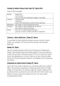 Northlew & Ashbury Primary School News 20th March 2014 Diary for the coming week Monday Tuesday