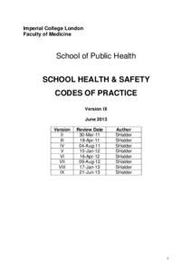 Imperial College London Faculty of Medicine School of Public Health SCHOOL HEALTH & SAFETY CODES OF PRACTICE
