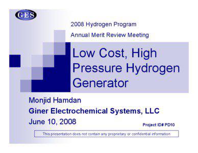 Low Cost High Pressure Hydrogen Generator