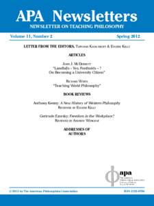 APA Newsletters NEWSLETTER ON TEACHING PHILOSOPHY Volume 11, Number 2