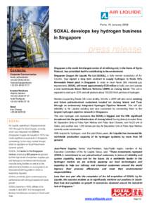 Paris, 15 JanuarySOXAL develops key hydrogen business in Singapore  press release