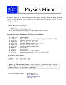 Physics Minor A physics minor is 18 units of physics which must include 6 units of upper division physics or astrophysics courses taken at San José State University with a 