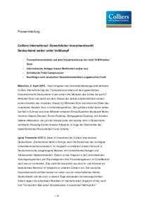 Pressemitteilung  Colliers International: Gewerblicher Investmentmarkt Deutschland weiter unter Volldampf -