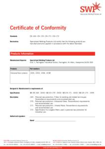 Specialised Welding Products Ltd  Certificate of Conformity Standards	  ENENENEN 172