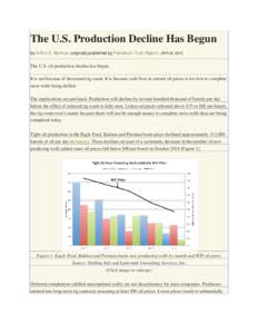 The U.S. Production Decline Has Begun by Arthur E. Berman, originally published by Petroleum Truth Report | APR 30, 2015 The U.S. oil production decline has begun. It is not because of decreased rig count. It is because 
