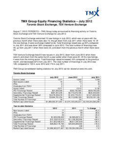 TMX Group Equity Financing Statistics – July 2012 Toronto Stock Exchange, TSX Venture Exchange August 7, 2012 (TORONTO) – TMX Group today announced its financing activity on Toronto