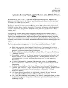 Contact: Justice WrightAgriculture Secretary Vilsack Appoints Members to the NAREEE Advisory Board WASHINGTON, Feb. 25, 2013—Agriculture Secretary Tom Vilsack today announced the