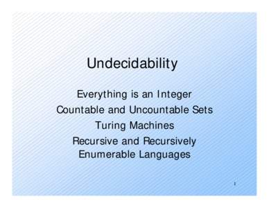 Undecidability Everything is an Integer Countable and Uncountable Sets Turing Machines Recursive and Recursively Enumerable Languages