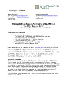 Stonegate Bank Reports Record Earnings