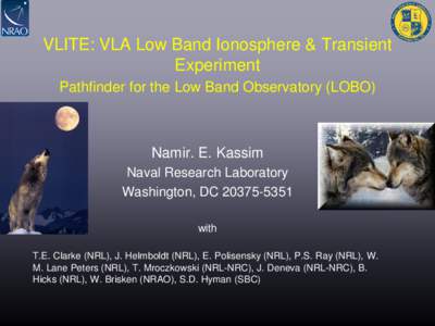 VLITE: VLA Low Band Ionosphere & Transient Experiment Pathfinder for the Low Band Observatory (LOBO) Namir. E. Kassim Naval Research Laboratory