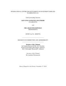 INTERNATIONAL CENTRE FOR SETTLEMENT OF INVESTMENT DISPUTES WASHINGTON, D.C. In the proceedings between GIOVANNI ALEMANNI AND OTHERS (CLAIMANTS)