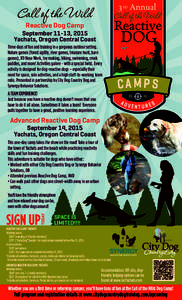 3RD Annual Reactive Dog Camp September 11-13, 2015 Yachats, Oregon Central Coast Three days of fun and training in a gorgeous outdoor setting.