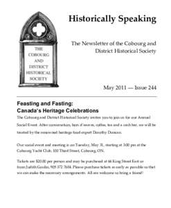 Historically Speaking The Newsletter of the Cobourg and District Historical Society May 2011 ― Issue 244 Feasting and Fasting: